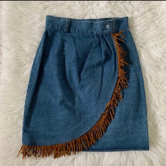 Vintage Faux Suede fringe denim skirt - Picture 2 of 4